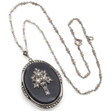 Antique Sterling Silver Black Onyx & Marcasite Mourning Locket Pendant Necklace