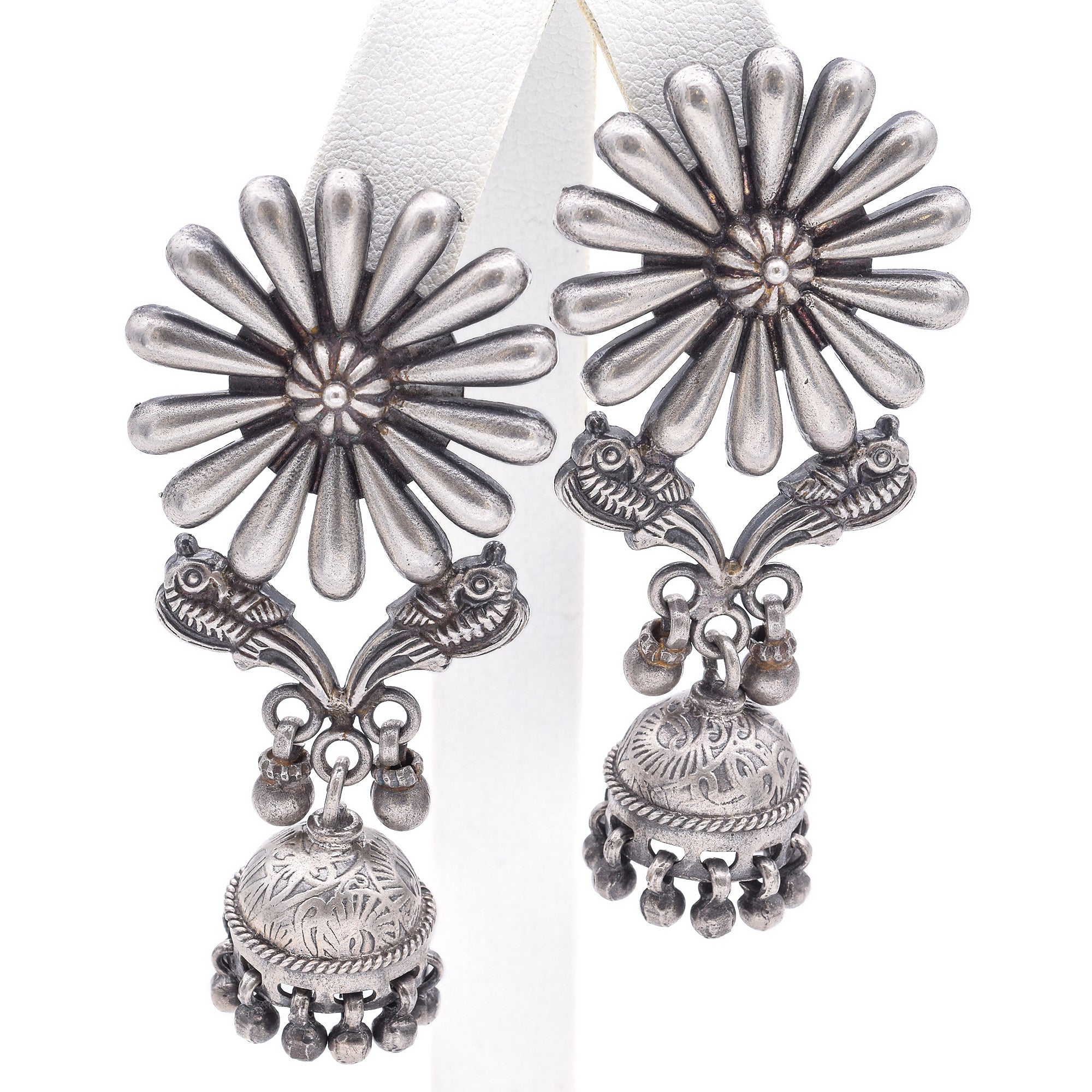 Estate Sterling Silver Floral Drop Traditional Jhumka Earrings