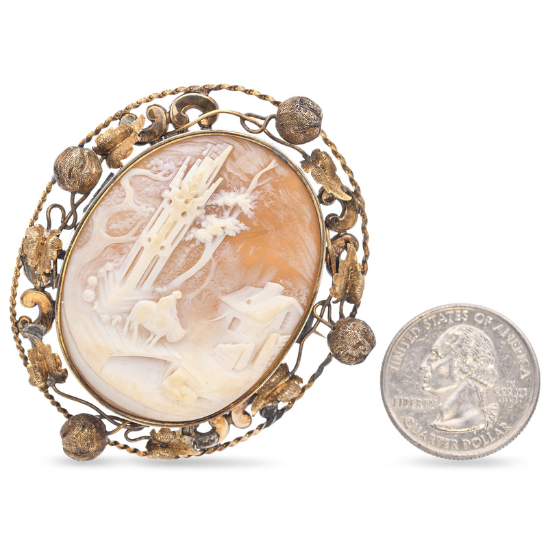 Antique Yellow Gold Cameo Going Home Filigree Brooch