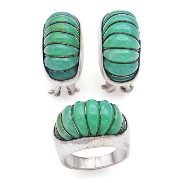 Vintage Cerro Blanco Mexico Sterling Silver Aventurine Groove Ring Earrings Set