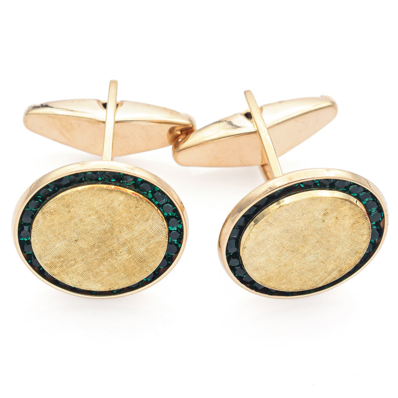 Vintage Lucien Piccard 14K Yellow Gold Green Tsavorite Round Cufflinks 19 mm