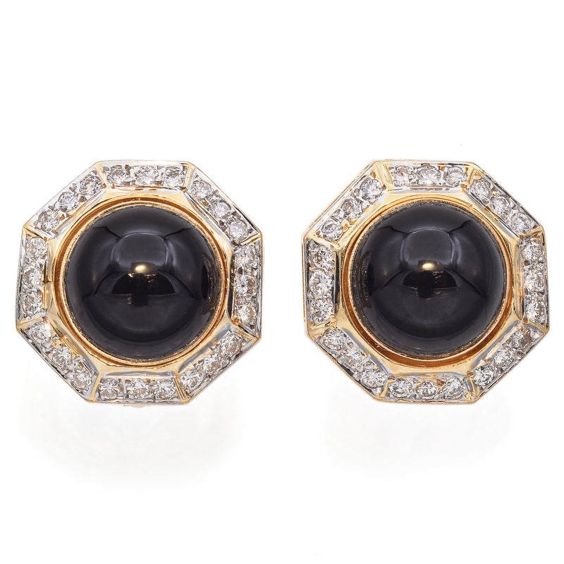 Vintage 14K Yellow Gold Black Onyx and Diamond Earrings