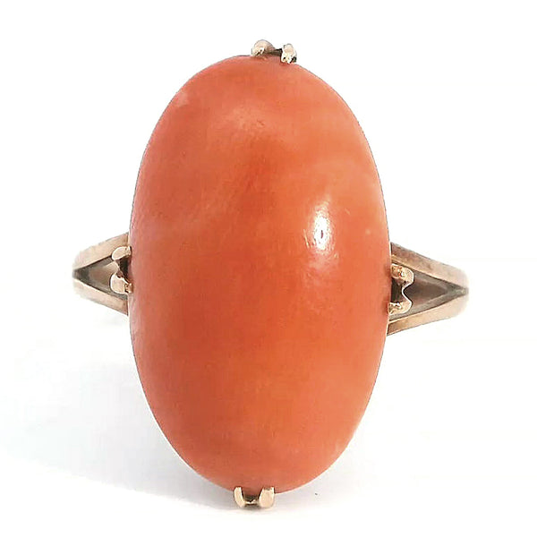 Vintage 12K Rose Gold Salmon Coral Cocktail Ring, Size 6.25