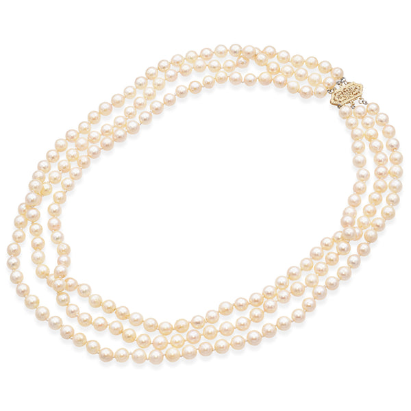 Vintage 14K Yellow Gold Triple Strand Pearl Necklace