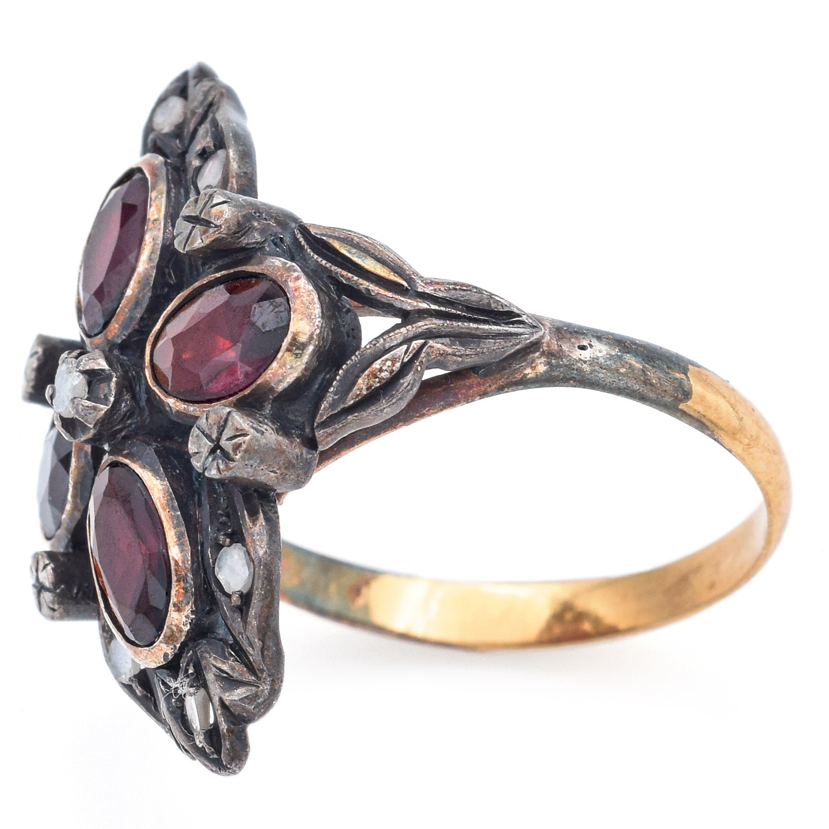 Antique 18K Yellow Gold & Silver Garnet & Diamond Cocktail Ring Size 7.5