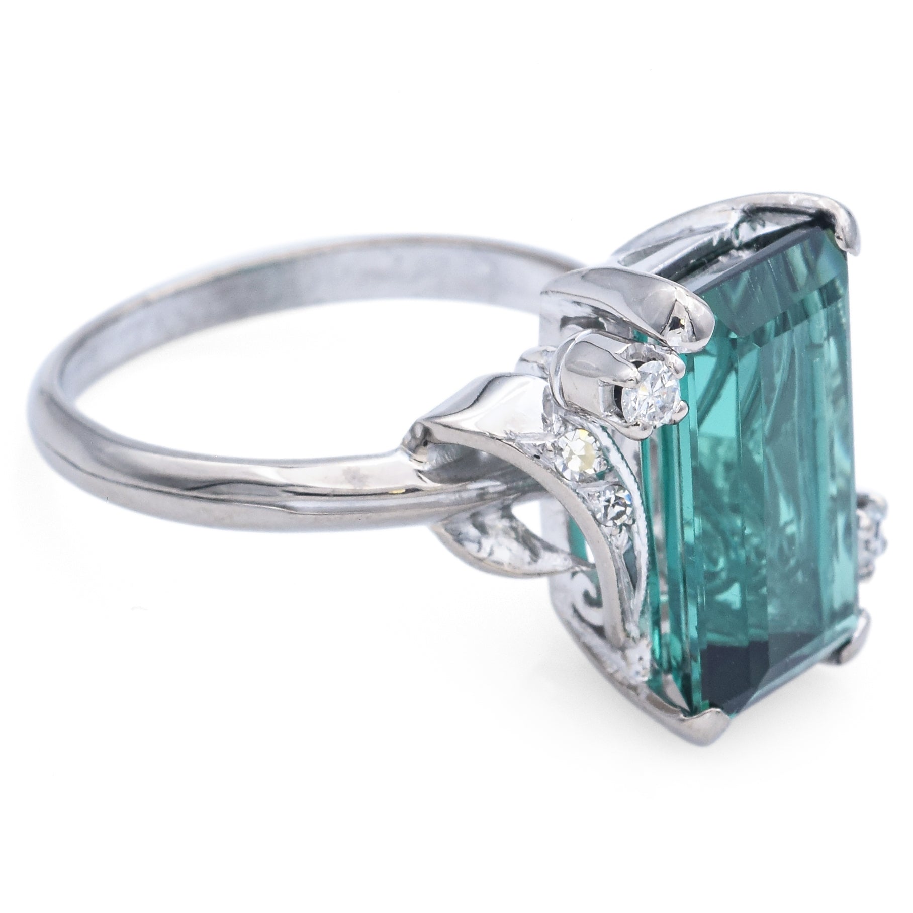 Vintage 14K White Gold 4.2 Ct Emerald Cut Green Tourmaline & Diamond Ring