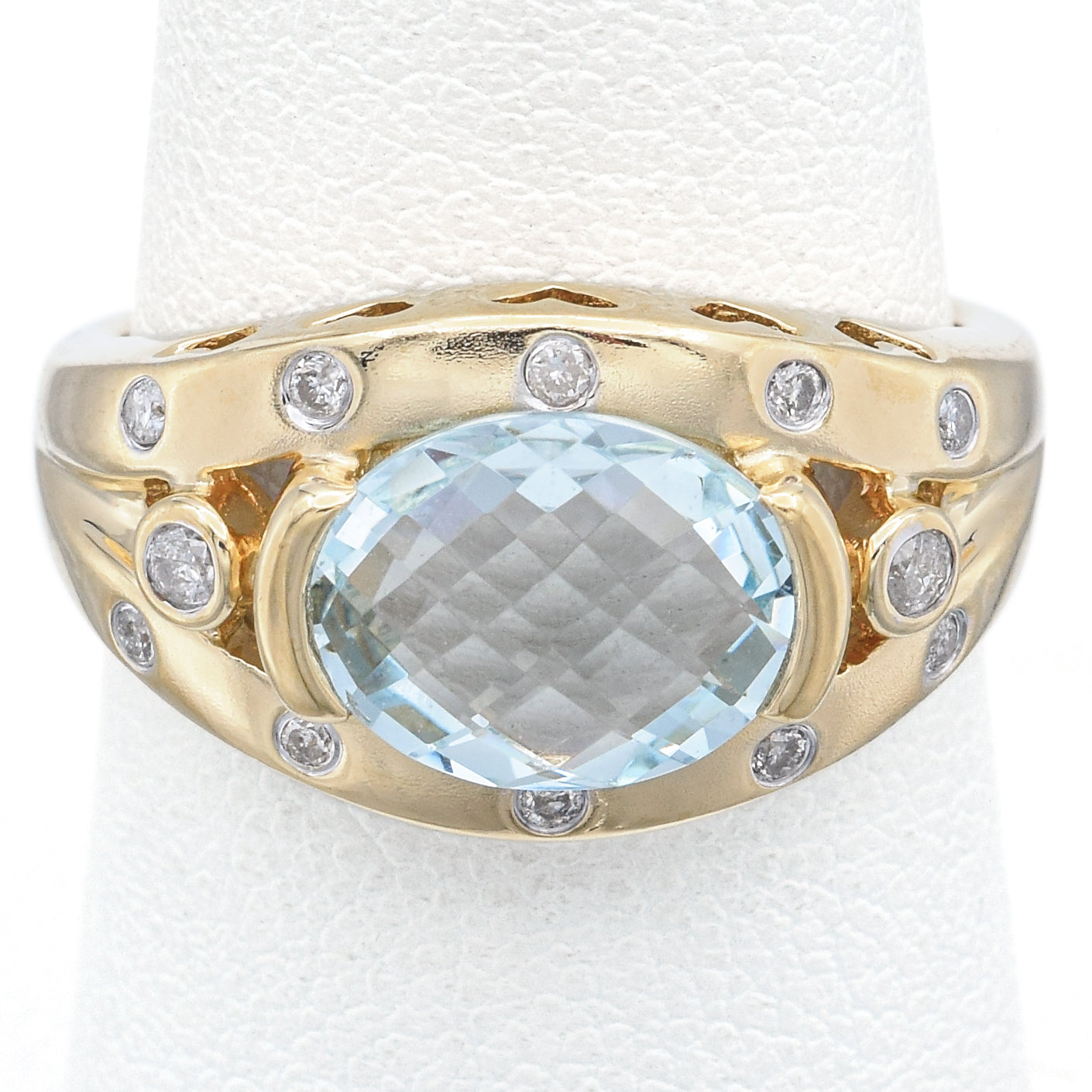 OC Signed 14K Yellow Gold Oval Faceted Aquamarine & Diamond Band Ring Size 7