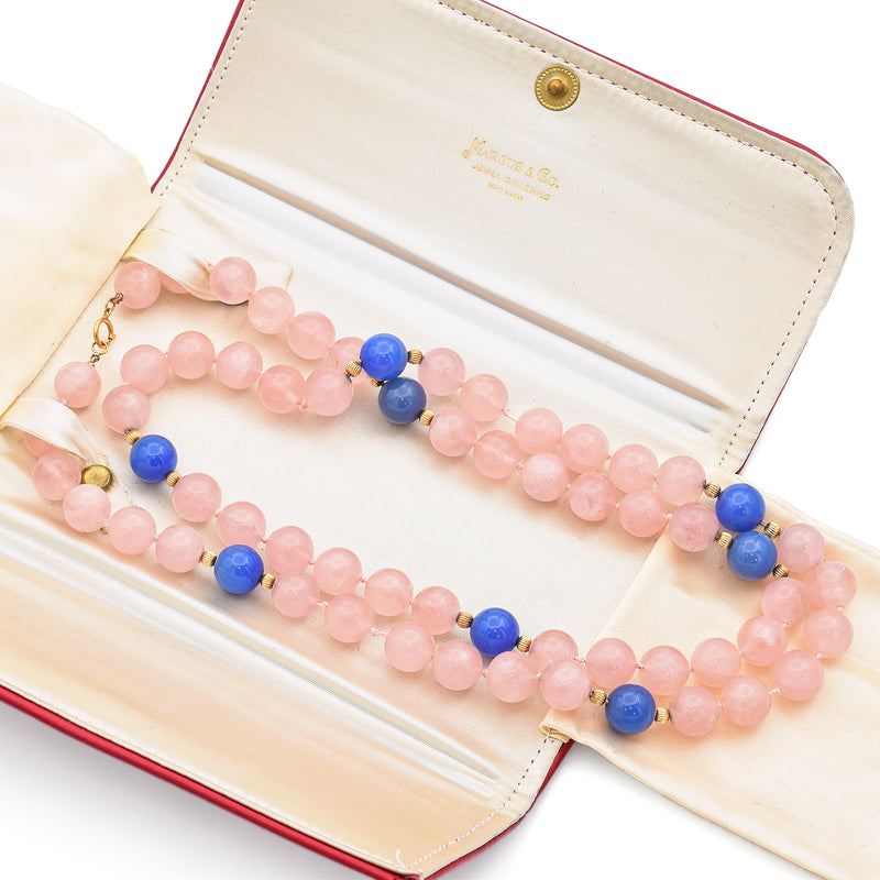 Vintage 14K Yellow Gold Rose Quartz & Blue Chalcedony Beaded Strand Necklace