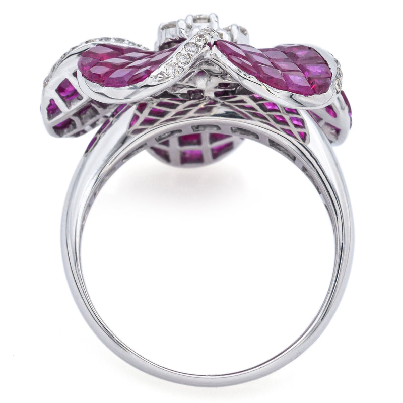 Estate 14K White Gold 6.00 TCW Ruby & 0.54 TCW Diamond Floral Ring Size 9