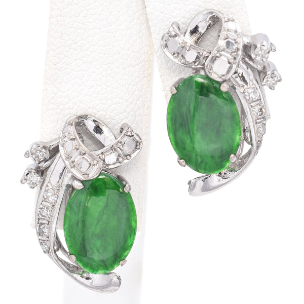 Vintage White Gold Jade and Diamond Earrings