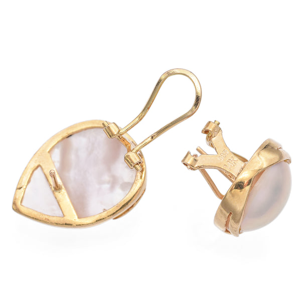 14K Yellow Gold Tear Drop Mabe Pearl Omega Back Clip On Earrings