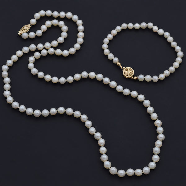 Vintage 14K Yellow Gold 5-6 mm Pearl Beaded Strand Necklace & Bracelet Set