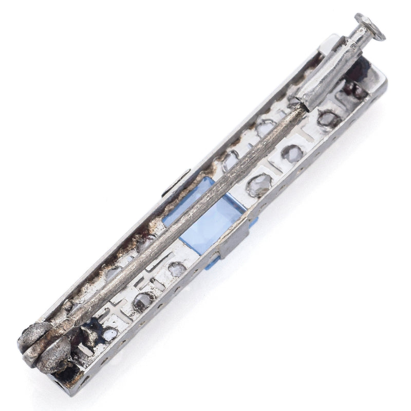 Antique 14K White Gold Blue Topaz & Diamond Bar Brooch Pin