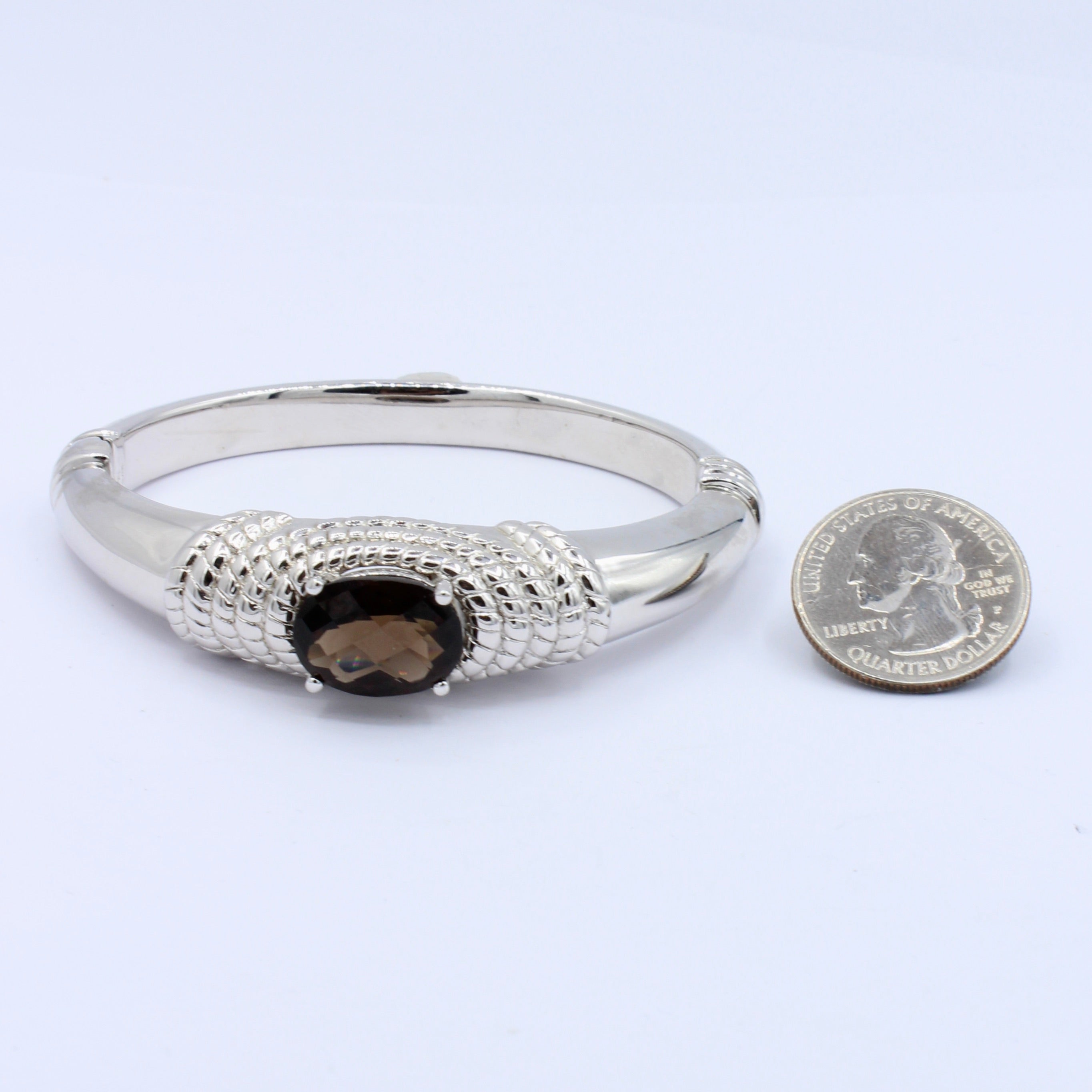 Estate Sterling Silver Smoky Quartz Hinged Bangle Bracelet