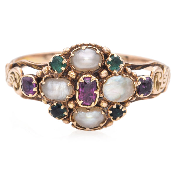 Antique 16K Yellow Gold Pearl, Ruby, Emerald & Sapphire Band Ring Size 6.5