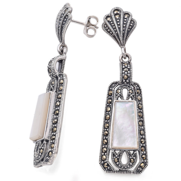 Vintage Sterling Silver Mother of Pearl and Marcasite Drop Earrings