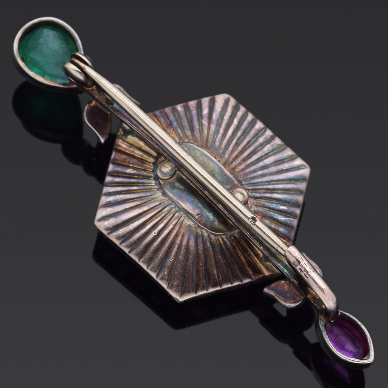 Antique Multi-Stone and 0.30 TCW Diamond 9K Yellow Gold and Silver Brooch Pin