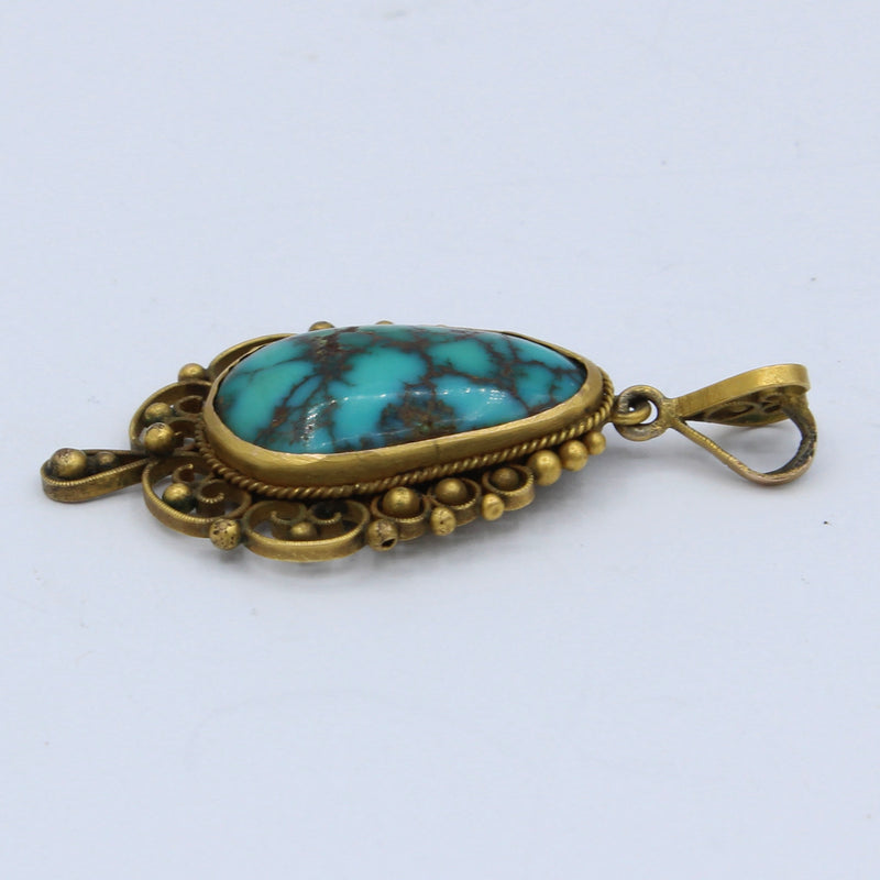 Vintage Matrix Turquoise Pendant with Filigree Work in 14K Gold