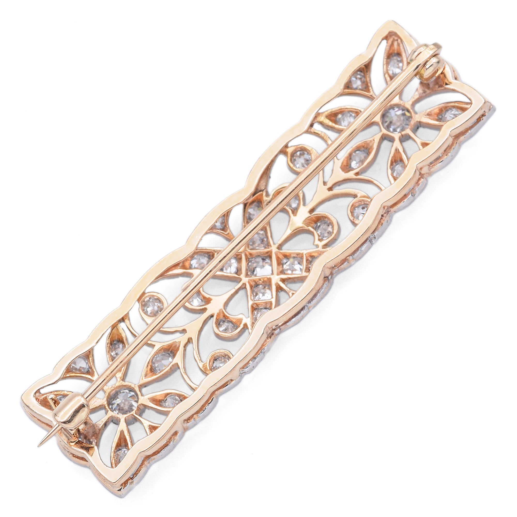 Antique 14K Yellow Gold Platinum 0.50TCW Diamond Floral Filigree Bar Brooch Pin