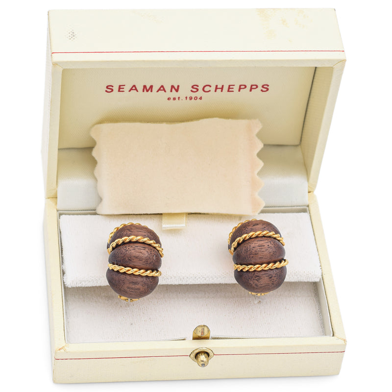 Seaman Schepps 18K Yellow Gold Wood Omega Back Earrings with Box