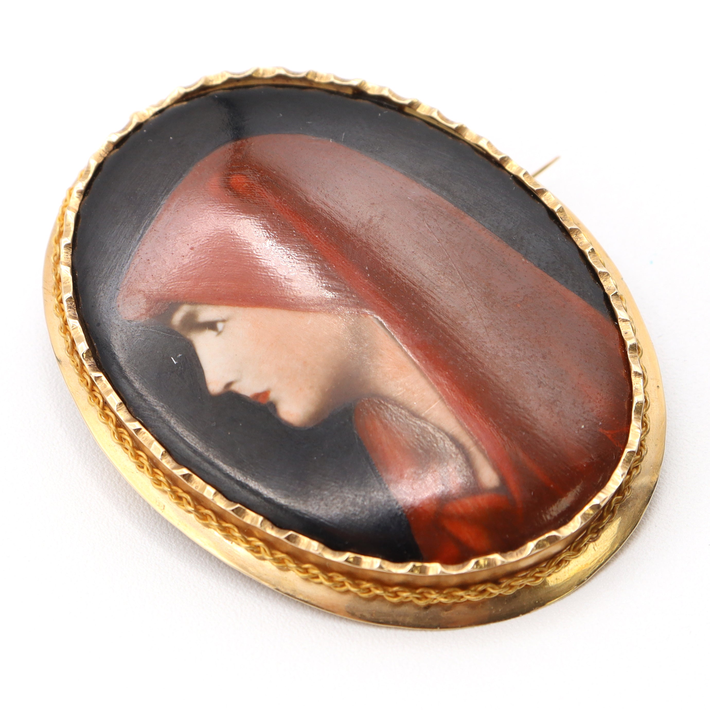 Antique 18K Yellow Gold Porcelain Hand-Painted Portrait of Saint Fabiola Brooch