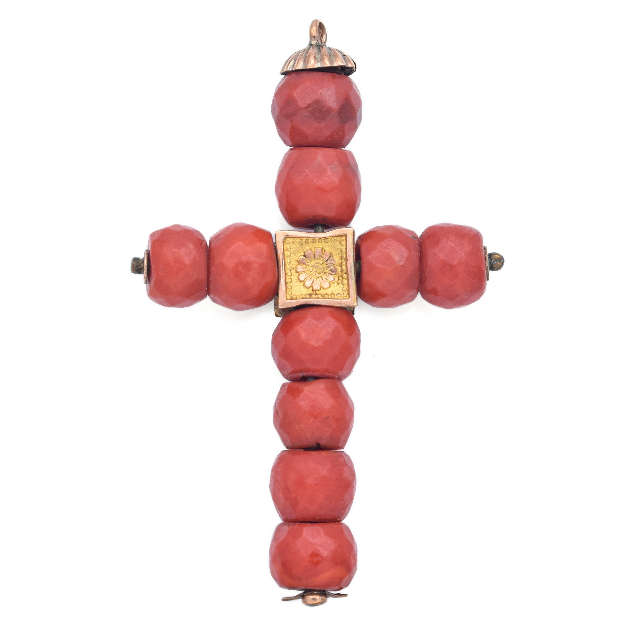 Antique 20K Yellow Gold Faceted Red Coral Bead Cross Pendant