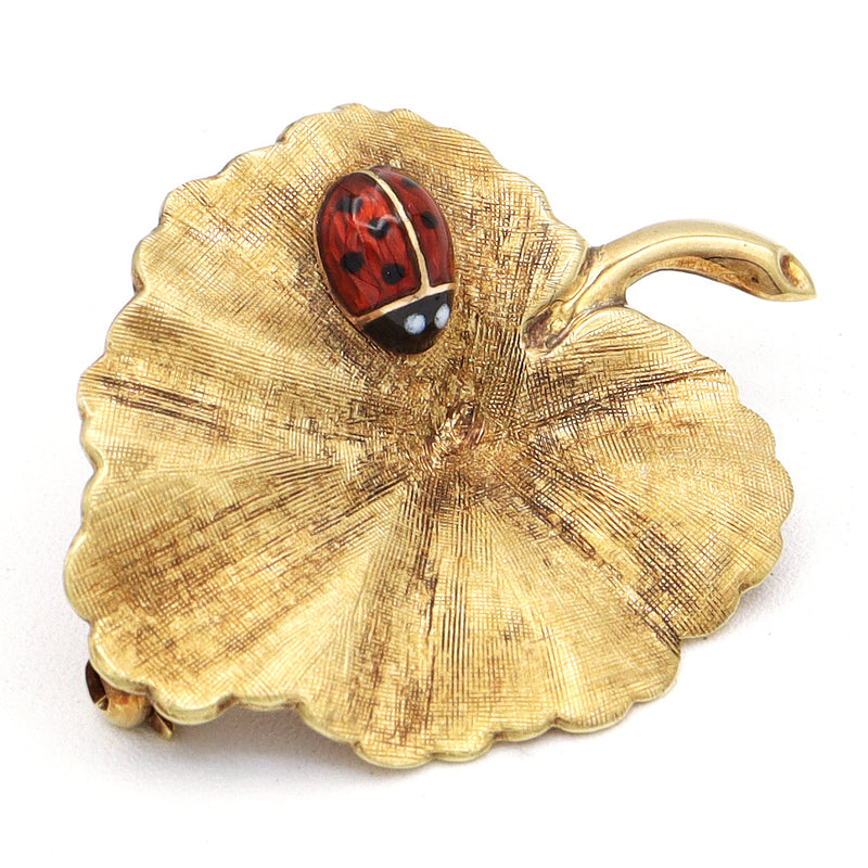 Vintage 14K Yellow Gold Leaf Ladybug Brooch Pin, 3.7 Grams, 27x36 mm