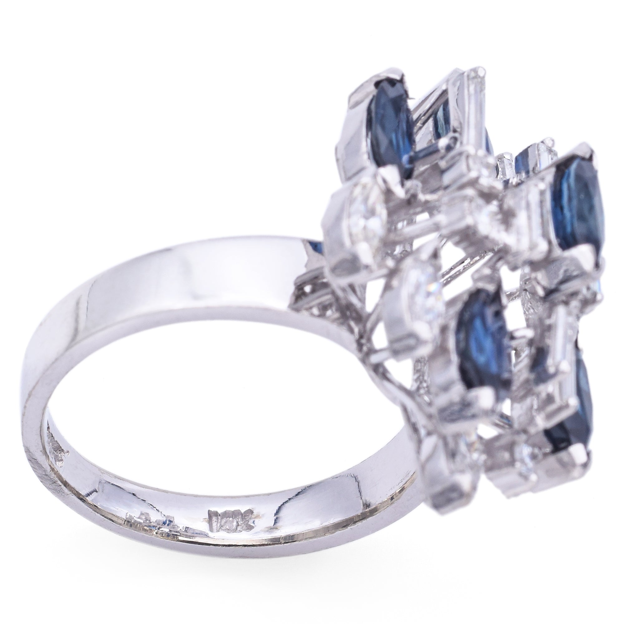 Vintage 14K White Gold Sapphire & 1.07 TCW Diamond Cluster Cocktail Ring Size 6.5