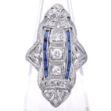 Antique Art Deco Platinum 0.33TCW Diamond & Sapphire Shield Cocktail Ring Sz5.75