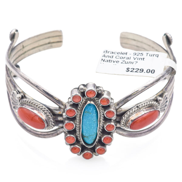 Vintage Running Bear Sterling Silver Turquoise & Red Coral Cuff Bracelet