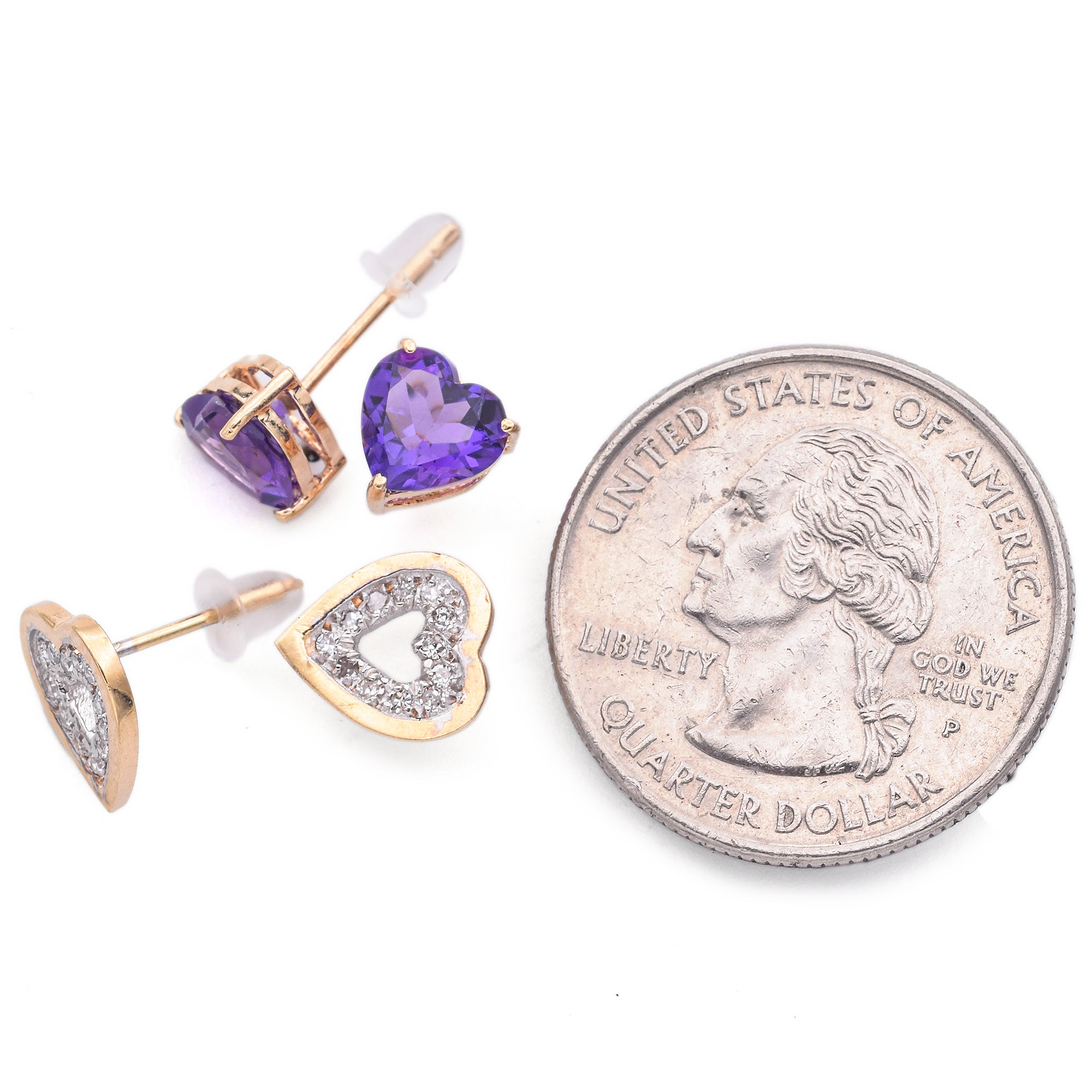 2 Pairs Vintage 14k Yellow Gold Amethyst and Diamond Heart Stud Earrings