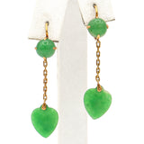 Vintage 18K Yellow Gold Jade Lever Back Dangle Heart Earrings