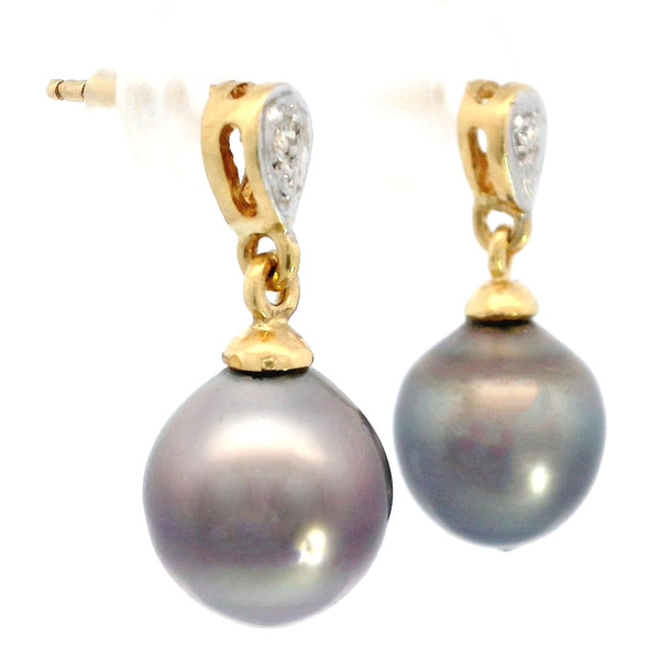 Estate 18K Yellow Gold Tahitian South Sea Pearl & Diamond Earrings