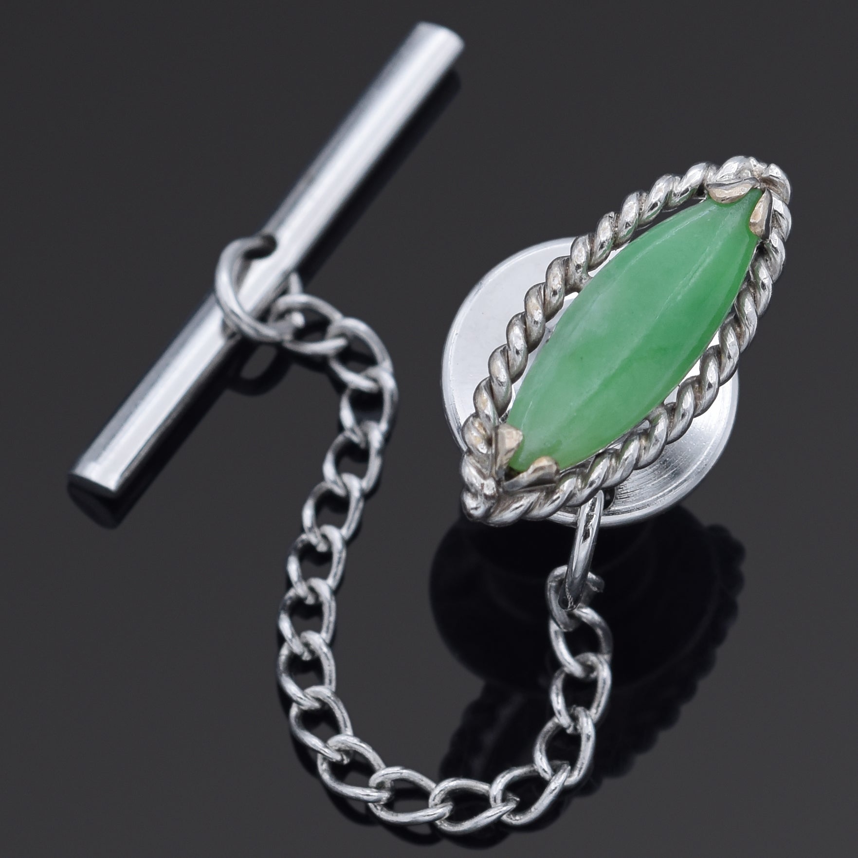 Vintage 14K White Gold Green Jade Marquise Lapel Pin Tie Tack