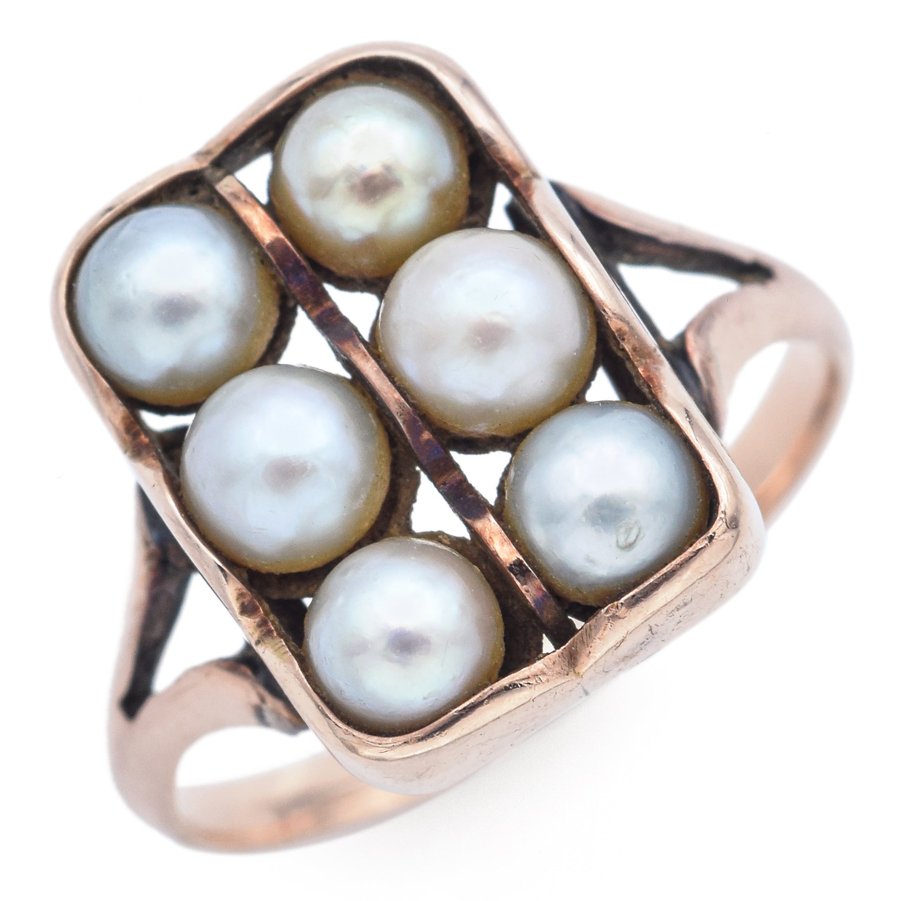 Antique 10K Yellow Gold Pearl Rectangle Cocktail Ring Size 6.25