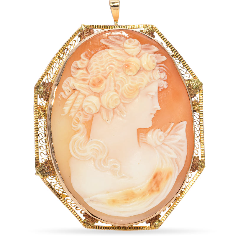 Antique Yellow Gold Woman Filigree Cameo Pendant Brooch