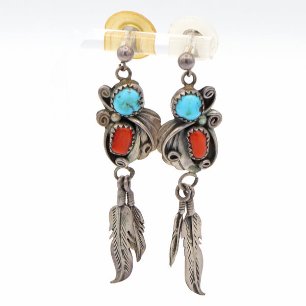 Vintage Southwest Turquoise Red Coral Sterling Silver Feathers Dangle Earrings