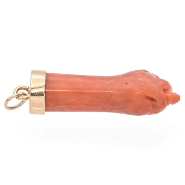 Vintage 18K Yellow Gold Coral Carved Manu Figa Fist Pendant