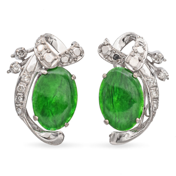 Vintage White Gold Jade and Diamond Earrings