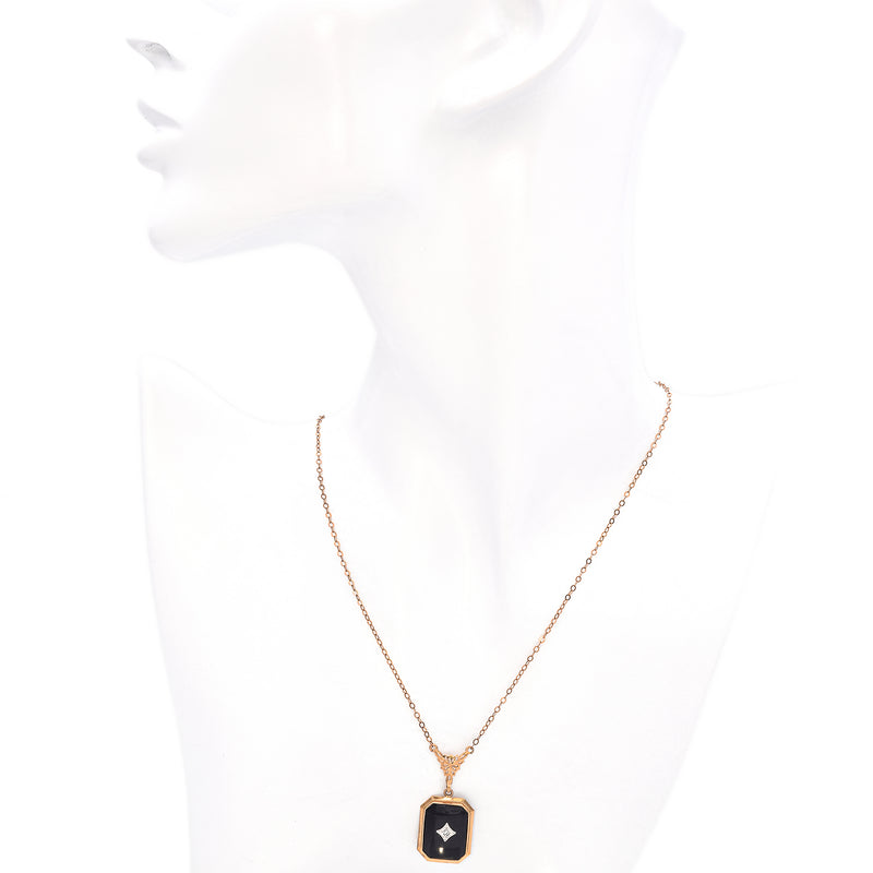 Antique ESEMCO 10K Yellow Gold Onyx and Diamond Pendant Necklace