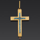 Antique 18K Yellow Gold Turquoise & Rose Cut Diamond Mourning Cross Pendant