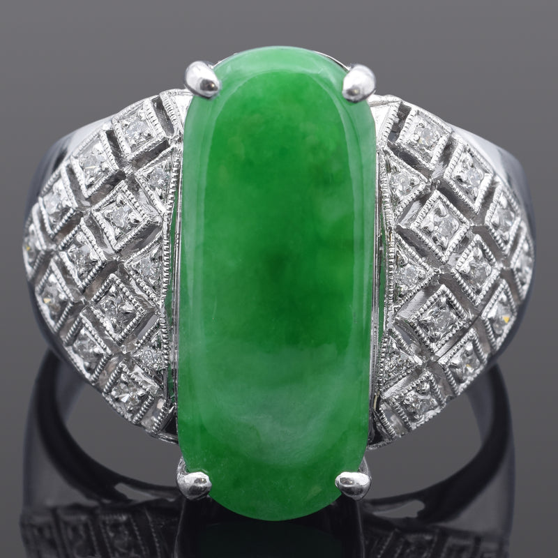 Estate 18K White Gold Green Jade & Diamond Band Ring Size 8