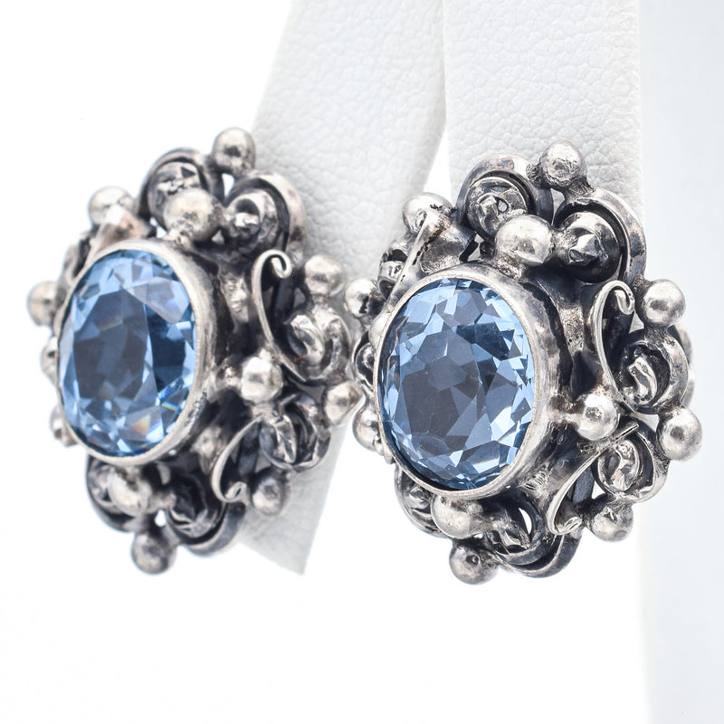 PERUZZI Florence 800 Silver Blue Topaz Floral Screw-Back Earrings