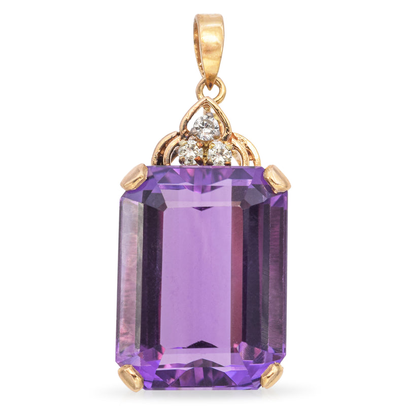 14K Yellow Gold Emerald Cut 10.23 Ct. Amethyst Diamond Pendant