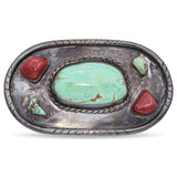 Vintage Sterling Silver Turquoise and Coral Belt Buckle