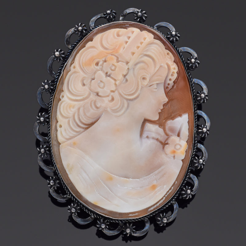 Vintage 800 Silver Shell Cameo Brooch and Pendant for Cameo