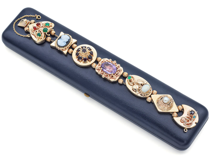 Vintage 14K Yellow Gold Multi-Gemstone Slide Charm Bracelet with Box Receipt