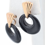 Vintage 14K Yellow Gold Onyx Round Disc Drop Earrings