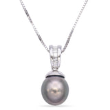 14K White Gold Tahitian Pearl & Diamond Bale Pendant on 18K White Gold Necklace