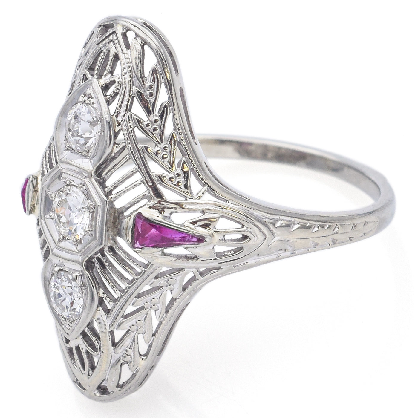 Antique Art Deco 18K White Gold 0.27 TCW Old Euro Diamond & Lab Ruby Ring Size 5